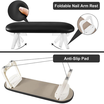 Nail Armrest - foldable - Nail Stylist Armrest - PU leather nail hand rest - with table mat - for nail technology - Nail Cushion - nail hand cushion for manicure salon use - Manicure pads - Manicure Cushion - Nail armrest cushion - Black.