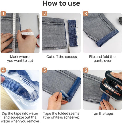 Iron-on tape - 10 m*2.5 cm - Hemming tape - Hemming tape for trousers - Curtain tape - pleating tape - iron-on hem tape - self-adhesive tape without sewing - for hemming - washable repair tape - for jeans, suit trousers, waistband - blue.