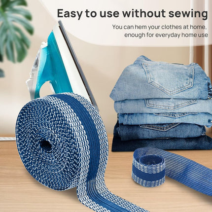Iron-on tape - 10 m*2.5 cm - Hemming tape - Hemming tape for trousers - Curtain tape - pleating tape - iron-on hem tape - self-adhesive tape without sewing - for hemming - washable repair tape - for jeans, suit trousers, waistband - blue.