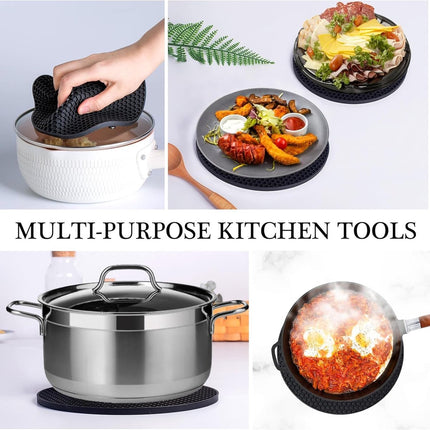Silicone Pot Holders - Round - Pot Holders - Glass Coasters - Heat-Resistant Pot Holders - For Pots and Pans - Insulation Mats - Durable Non-Slip - Heat-Resistant Mats - Durable Flexible - Black.
