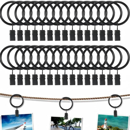 30 Pieces - Curtain Rings with Clips - Shower Curtain - Stainless Steel Curtain Rings - Metal Curtain Hooks - Curtain Rod Ring - for Shower and Window Curtains - Black.
