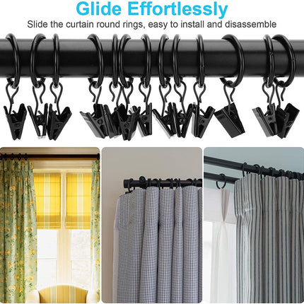 30 Pieces - Curtain Rings with Clips - Shower Curtain - Stainless Steel Curtain Rings - Metal Curtain Hooks - Curtain Rod Ring - for Shower and Window Curtains - Black.