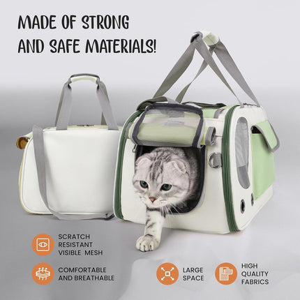 Cat and Dog Transport Bag - Travel Basket - Foldable Cat Transport Box - Cat Bag - Pet Carrier Bag with breathable holes and pockets - for medium-sized cats, small dogs - Dog Bag - 45 x 28 x 26 cm - Green.