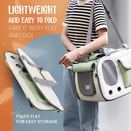 Cat and Dog Transport Bag - Travel Basket - Foldable Cat Transport Box - Cat Bag - Pet Carrier Bag with breathable holes and pockets - for medium-sized cats, small dogs - Dog Bag - 45 x 28 x 26 cm - Green.