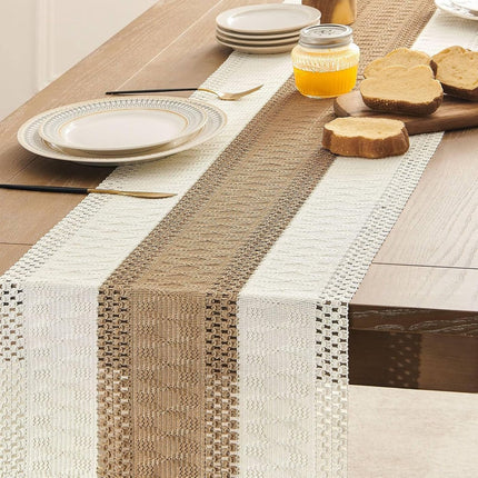 Table Runner - 30 x 183 cm - Bohemian Table Runner - Macrame Style Bicolor Stitching Table Runner - Small Dinner Tablecloth - Boho Neutral Table Runners - Farmhouse Woven Home Decor.