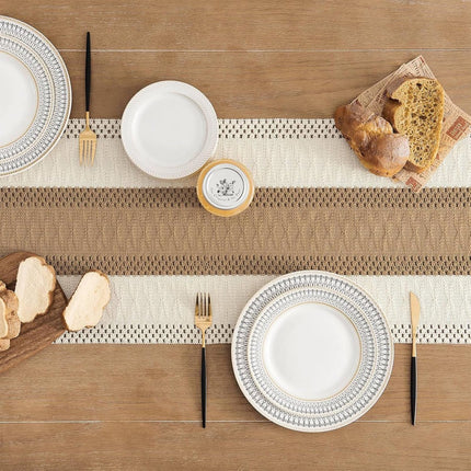 Table Runner - 30 x 183 cm - Bohemian Table Runner - Macrame Style Bicolor Stitching Table Runner - Small Dinner Tablecloth - Boho Neutral Table Runners - Farmhouse Woven Home Decor.