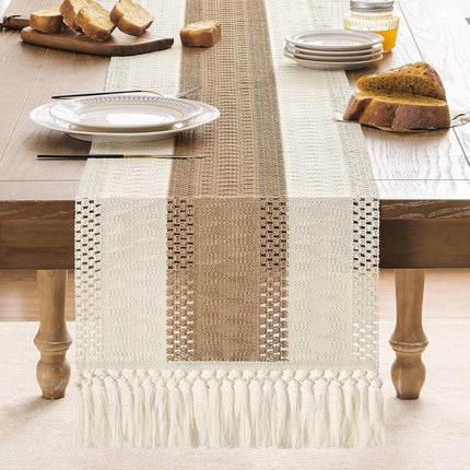 Table Runner - 30 x 183 cm - Bohemian Table Runner - Macrame Style Bicolor Stitching Table Runner - Small Dinner Tablecloth - Boho Neutral Table Runners - Farmhouse Woven Home Decor.