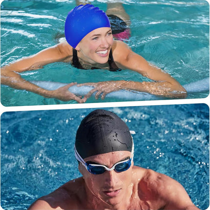 pieces - swimming cap - 23*20 cm - silicone swimming caps - hearing protection - waterproof swimming hat - keep dry for long and short hair - unisex swimming caps - for adults, children and juniors - black and blue.