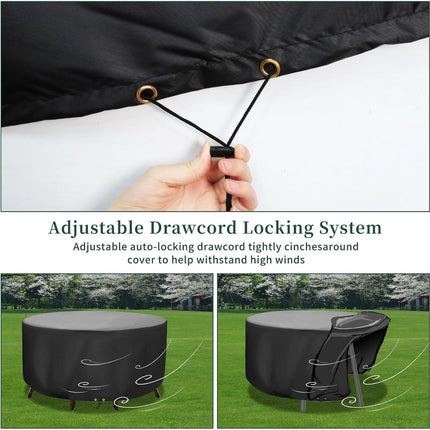 Round Cover - Waterproof - Large Round Garden Table Cover - Windproof - Anti-UV - Tough - Oxford 420D, Round Table Cover - for Garden Furniture - Black - Diameter 130 x 71 cm.