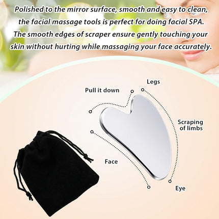 85*55mm - Stainless Steel Gua Sha Facial Instruments - Lymphatic Drainage Massage - Gua Sha for the Face - Metal Gua Sha - Skin Self-Care - Facial Sculpting Gua Sha - for the Body, Eyes, Jawline Shaper - with Dust Bag - Silver.