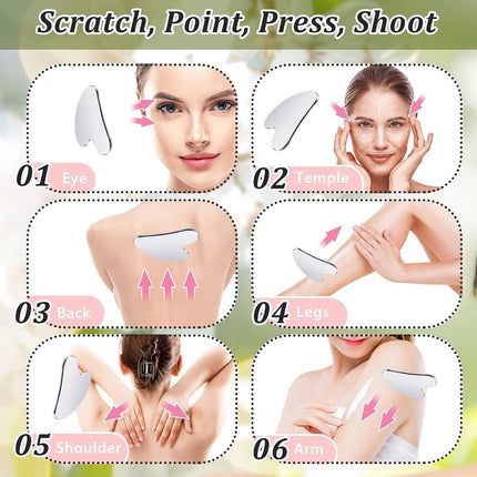 85*55mm - Stainless Steel Gua Sha Facial Instruments - Lymphatic Drainage Massage - Gua Sha for the Face - Metal Gua Sha - Skin Self-Care - Facial Sculpting Gua Sha - for the Body, Eyes, Jawline Shaper - with Dust Bag - Silver.