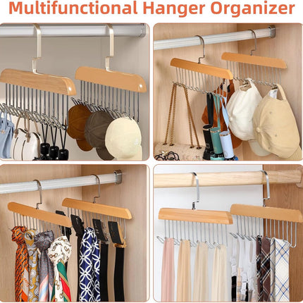 2 pieces - Clothes hanger - belt holders - scarf rack - bra holders - tie hangers for the closet - wooden bra hangers - with 8 hooks - 360° rotatable tank top hangers - closet accessory - for the closet - for belt, tie, tank top, bra, scarf - 28 cm.
