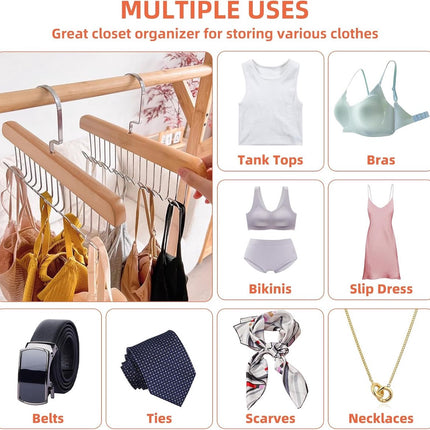 2 pieces - Clothes hanger - belt holders - scarf rack - bra holders - tie hangers for the closet - wooden bra hangers - with 8 hooks - 360° rotatable tank top hangers - closet accessory - for the closet - for belt, tie, tank top, bra, scarf - 28 cm.