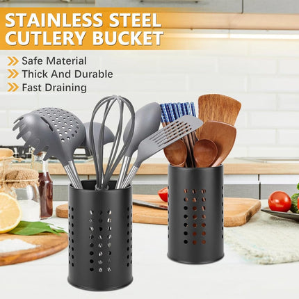 2 pieces - 18*12cm and 16.5*10cm - kitchen tool holder - stainless steel cutlery basket - tableware storage - drain rack - cutlery box - for organizing drawers and countertops - for kitchens - black.