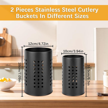 2 pieces - 18*12cm and 16.5*10cm - kitchen tool holder - stainless steel cutlery basket - tableware storage - drain rack - cutlery box - for organizing drawers and countertops - for kitchens - black.