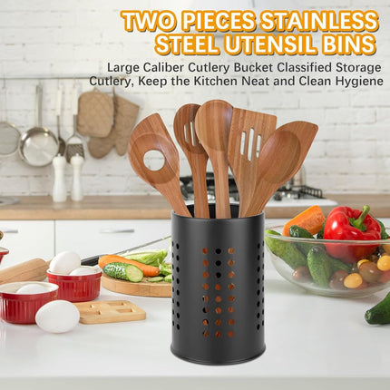 2 pieces - 18*12cm and 16.5*10cm - kitchen tool holder - stainless steel cutlery basket - tableware storage - drain rack - cutlery box - for organizing drawers and countertops - for kitchens - black.