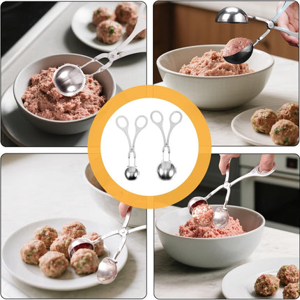 2 pieces - Meatball maker - Meatball tongs - Meatball mold - Meatball spoon - Tongs - Non-stick meatball tongs - Ice cream scoop - Clamp mold - Kitchen utensil - Diameter 3.5 cm, 4.5 cm - for making meatballs, ice cream, rice balls and fruit - silver.