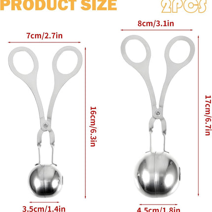 2 pieces - Meatball maker - Meatball tongs - Meatball mold - Meatball spoon - Tongs - Non-stick meatball tongs - Ice cream scoop - Clamp mold - Kitchen utensil - Diameter 3.5 cm, 4.5 cm - for making meatballs, ice cream, rice balls and fruit - silver.