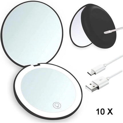 Makeup mirror - Illuminated compact mirror - rechargeable - 1x/10x magnifying makeup mirror - Mirror - portable travel makeup mirror - with natural daylight and LED lighting - small dimmable illuminated mirror - for handbag - 9*1.8 cm - black.