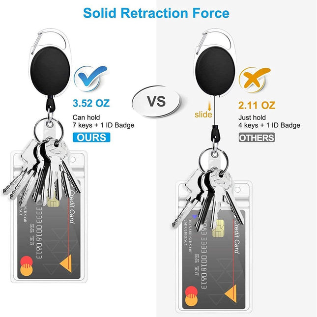 2 Pieces Heavy Duty Retractable Badge Holder - Extendable Keychains - D-Clip - with Carabiner - Waist Clip Drawstring - Badge Holder Drawstring - Retractable Reel ID Badge Card Holder - Vertical - Card Holder Drawstring - Clip ID Holder - Black/Silver.