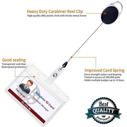 2 Pieces Heavy Duty Retractable Badge Holder - Extendable Keychains - D-Clip - with Carabiner - Waist Clip Drawstring - Badge Holder Drawstring - Retractable Reel ID Badge Card Holder - Vertical - Card Holder Drawstring - Clip ID Holder - Black/Silver.