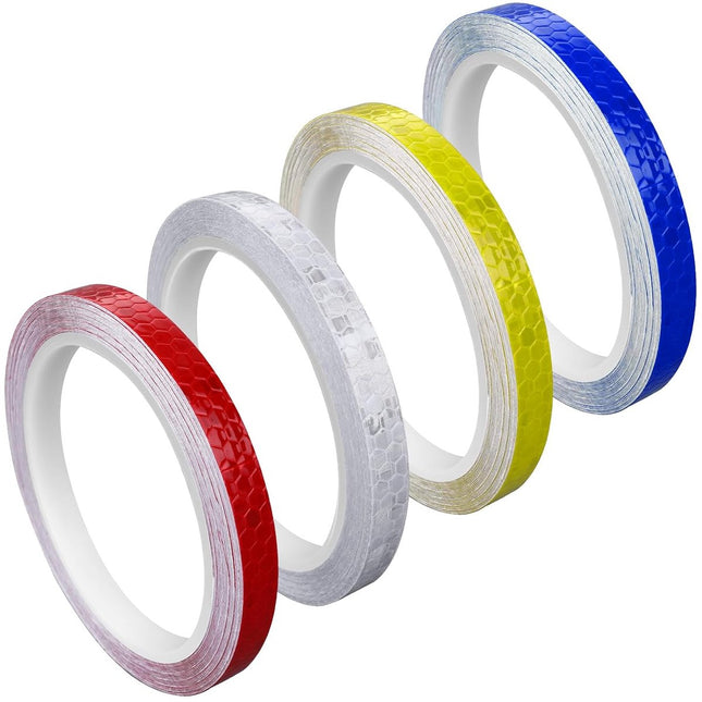 4 rolls - 1cm * 8m - Reflective tape - self-adhesive safety markings - reflective strips - reflective stickers - warning tape - for visibility - for vehicles and outdoor helmets - white, yellow, red, blue.