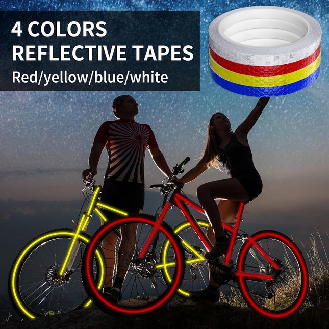 4 rolls - 1cm * 8m - Reflective tape - self-adhesive safety markings - reflective strips - reflective stickers - warning tape - for visibility - for vehicles and outdoor helmets - white, yellow, red, blue.