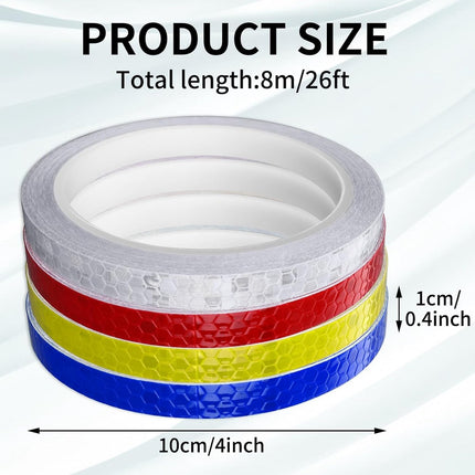 4 rolls - 1cm * 8m - Reflective tape - self-adhesive safety markings - reflective strips - reflective stickers - warning tape - for visibility - for vehicles and outdoor helmets - white, yellow, red, blue.