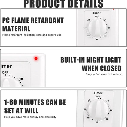Countdown Switch - 60 minutes - Countdown timer switch - Mechanical countdown timer socket - time switch - timer light switch - with timer - timer socket - for bathroom extractor fan, garage, laundry room, storage room or spa - white.