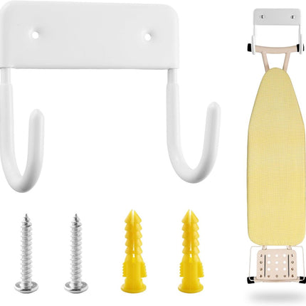 Ironing board holder - Ironing board hanging system - Hook for ironing board - Wall-mounted ironing board holder - Ironing board organizer - Hook - Storage hooks - wall hooks - tool hooks - for laundry rooms, garages and storage rooms - 12*11*6 cm - white.