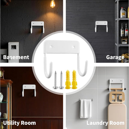 Ironing board holder - Ironing board hanging system - Hook for ironing board - Wall-mounted ironing board holder - Ironing board organizer - Hook - Storage hooks - wall hooks - tool hooks - for laundry rooms, garages and storage rooms - 12*11*6 cm - white.