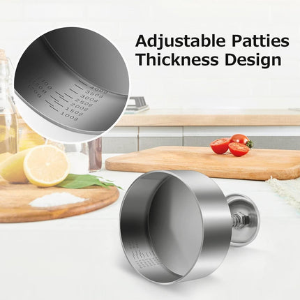 Hamburger Press - Burger Makers - with Scale Markings - 11.5*11.5*14 cm - Burger Press - Adjustable - Stainless Steel Hamburger Patty Maker - Non-Stick Burger Maker - Cookware - for Veggie, Meat, Beef, Pork, Lamb, Cheese, BBQ, Barbecue Grill.