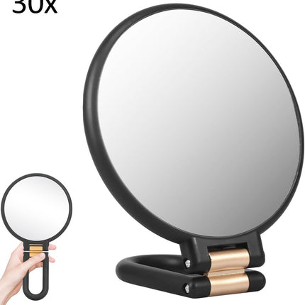 30X Magnifying Mirror - 24*14 cm - Hand Mirror with Folding Handle - Travel Magnifying Mirror with Handle - Double-Sided Magnifying Mirror - with 30x/1x Magnification - Portable Makeup Mirror - Multifunctional Hand Mirror - Black.