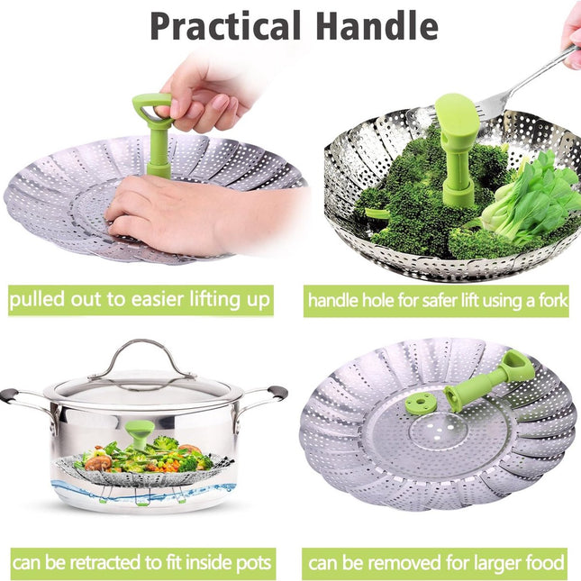 Vegetable steamer - Steamer basket - Stainless steel steamer - Fits all pans - Retractable - Adjustable - Foldable steam liner - With telescopic handle - silver.