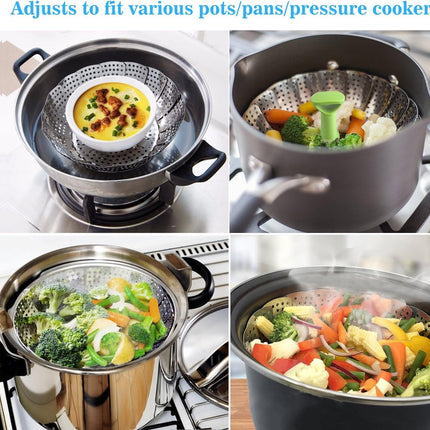 Vegetable steamer - Steamer basket - Stainless steel steamer - Fits all pans - Retractable - Adjustable - Foldable steam liner - With telescopic handle - silver.