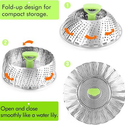 Vegetable steamer - Steamer basket - Stainless steel steamer - Fits all pans - Retractable - Adjustable - Foldable steam liner - With telescopic handle - silver.