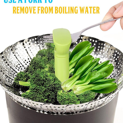 Vegetable steamer - Steamer basket - Stainless steel steamer - Fits all pans - Retractable - Adjustable - Foldable steam liner - With telescopic handle - silver.