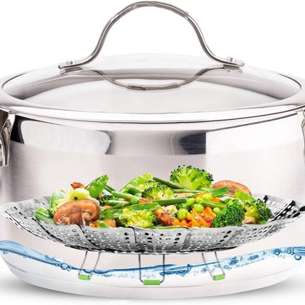 Vegetable steamer - Steamer basket - Stainless steel steamer - Fits all pans - Retractable - Adjustable - Foldable steam liner - With telescopic handle - silver.