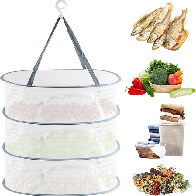 Herb Drying Rack - 40*60cm - 3-tier hanging herb drying net - Drying rack - Drying net - food drying net - hanging mesh net - plant drying rack - with zippers - foldable drying net - for buds, meat, herbs, vegetables, plants, fruit, clothing - white.