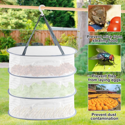 Herb Drying Rack - 40*60cm - 3-tier hanging herb drying net - Drying rack - Drying net - food drying net - hanging mesh net - plant drying rack - with zippers - foldable drying net - for buds, meat, herbs, vegetables, plants, fruit, clothing - white.