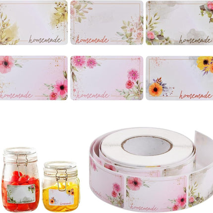 Self-adhesive jam labels - 500 pieces - 3x5 cm - easy-to-remove adhesive food labels - with floral pattern - for refrigerator, kitchen containers, and bottles.