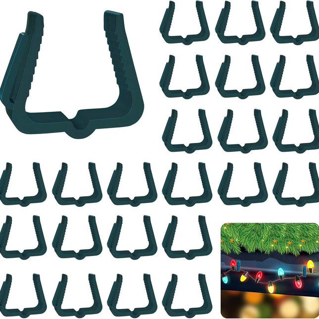 30 pieces - Christmas lighting clips - Light clips - Plastic clips - Lighting hooks - Party lighting clamps - festive string lights clips - hooks - for party decoration, gutter, fencing, roof edge - 49*42*13.7 mm - green.