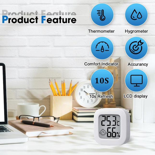 Mini digital indoor thermometer - Weather station - Thermometer - Highly accurate temperature monitor - Indoor thermometer - Hygrometer - Thermo-hygrometer - Comfort level indicator - White.