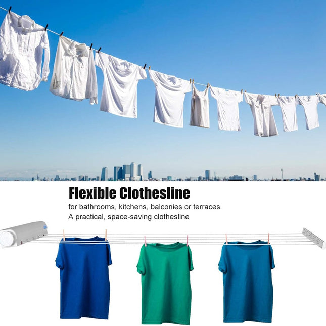 Extendable clothesline - Retractable clothesline - 5 lines of 3.75 m each - Roll-up clothesline - Clothesline - Wall clothesline - Foldable drying rack - Drying rack - Indoor drying rack - White.