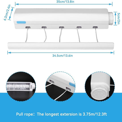 Extendable clothesline - Retractable clothesline - 5 lines of 3.75 m each - Roll-up clothesline - Clothesline - Wall clothesline - Foldable drying rack - Drying rack - Indoor drying rack - White.