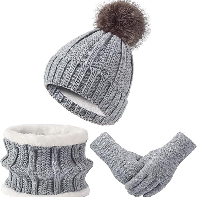 Hat with pompom, scarf and gloves - Three-piece Winter set - knitted fabrics - Warm Baggy Ski Hat - Winter Hat - Neck Warmer - Gloves - Touchscreen Gloves - for Outdoor play, skiing, motorcycling, windproof - for Men, Women - Grey.
