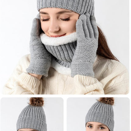 Hat with pompom, scarf and gloves - Three-piece Winter set - knitted fabrics - Warm Baggy Ski Hat - Winter Hat - Neck Warmer - Gloves - Touchscreen Gloves - for Outdoor play, skiing, motorcycling, windproof - for Men, Women - Grey.