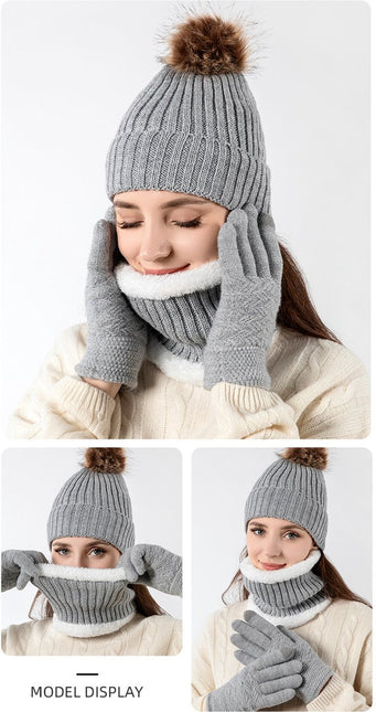Hat with pompom, scarf and gloves - Three-piece Winter set - knitted fabrics - Warm Baggy Ski Hat - Winter Hat - Neck Warmer - Gloves - Touchscreen Gloves - for Outdoor play, skiing, motorcycling, windproof - for Men, Women - Grey.