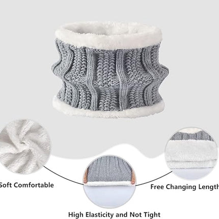 Hat with pompom, scarf and gloves - Three-piece Winter set - knitted fabrics - Warm Baggy Ski Hat - Winter Hat - Neck Warmer - Gloves - Touchscreen Gloves - for Outdoor play, skiing, motorcycling, windproof - for Men, Women - Grey.