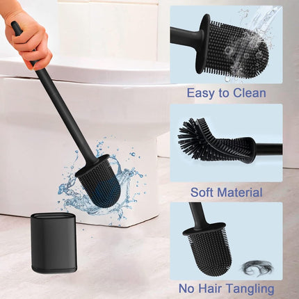 Toilet brush and holder set - Toilet brush - Deep cleaning - Silicone toilet brush - Flexible toilet brush head - Wall mounting - Freestanding toilet brush holder - Black.